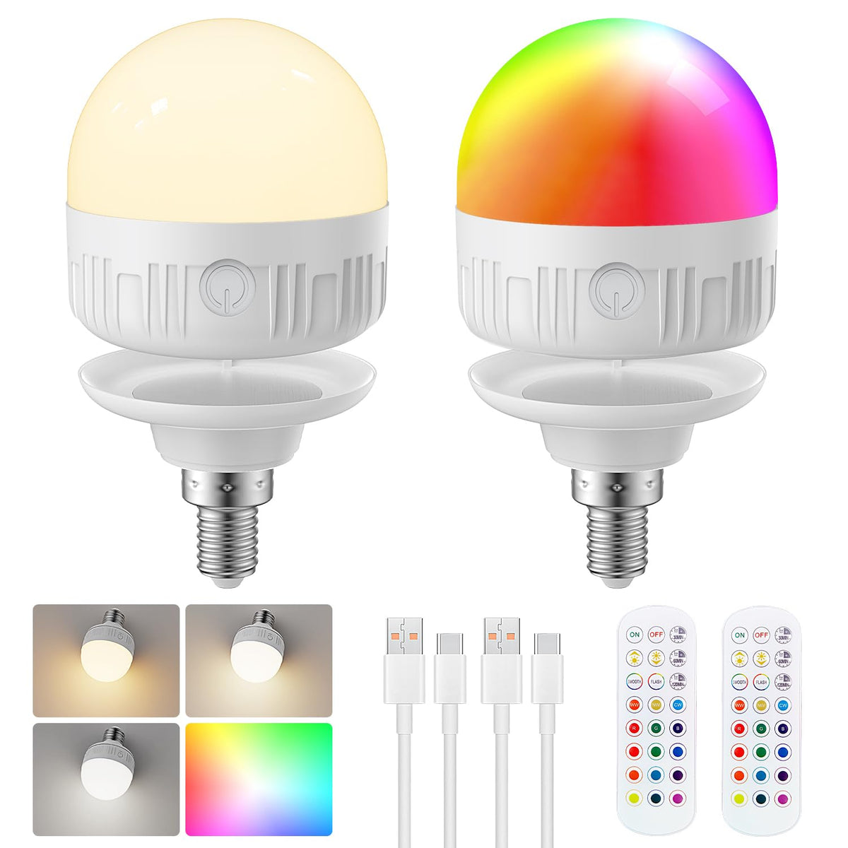 LGMCF E14 Rechargeable Light Bulb, 8W, 3 Colors, Timer, Dimmable, 2 Pack