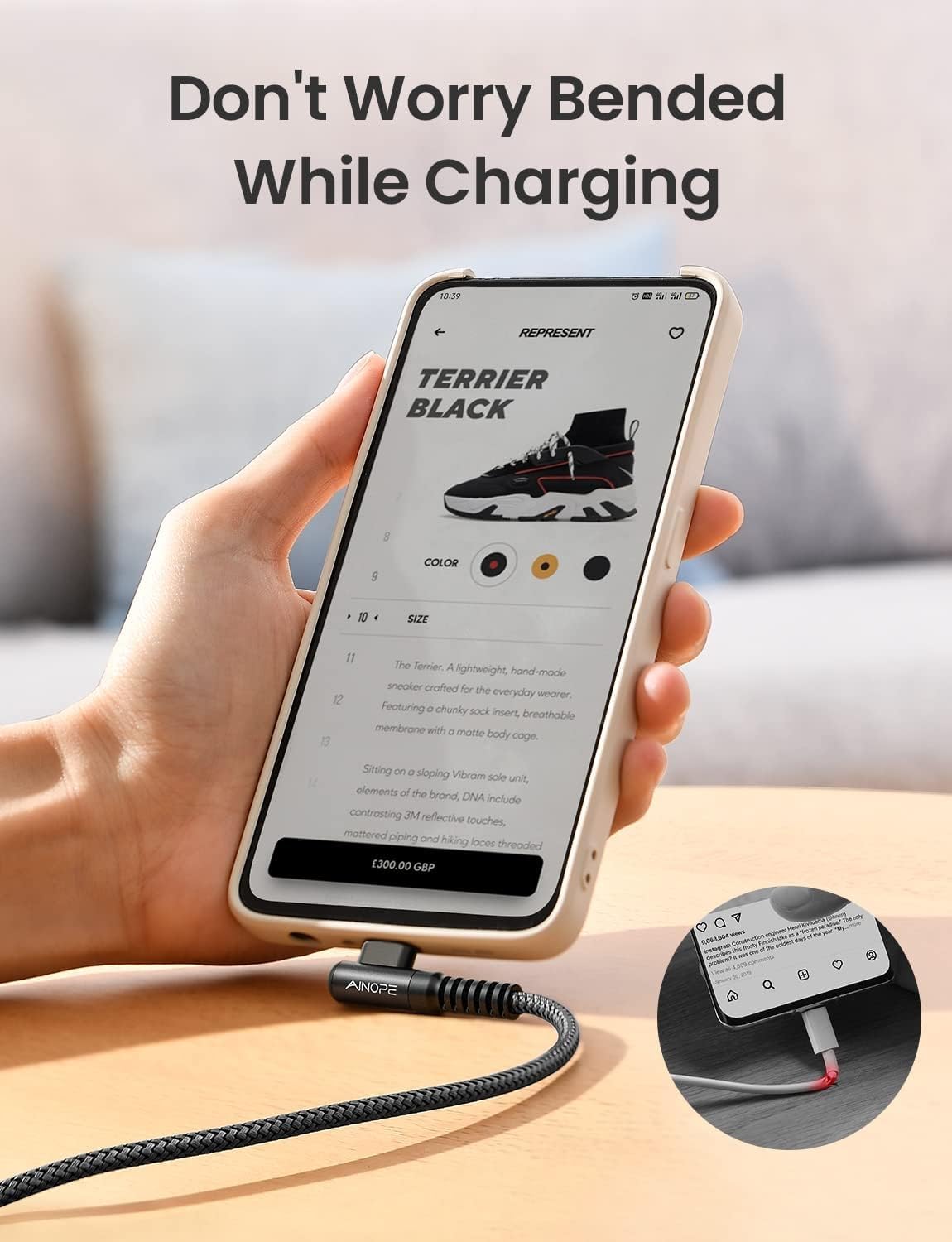 AINOPE USB C Charger Cable,(2Pack 2M) 3.1A Right Angle USB to USB C Cable