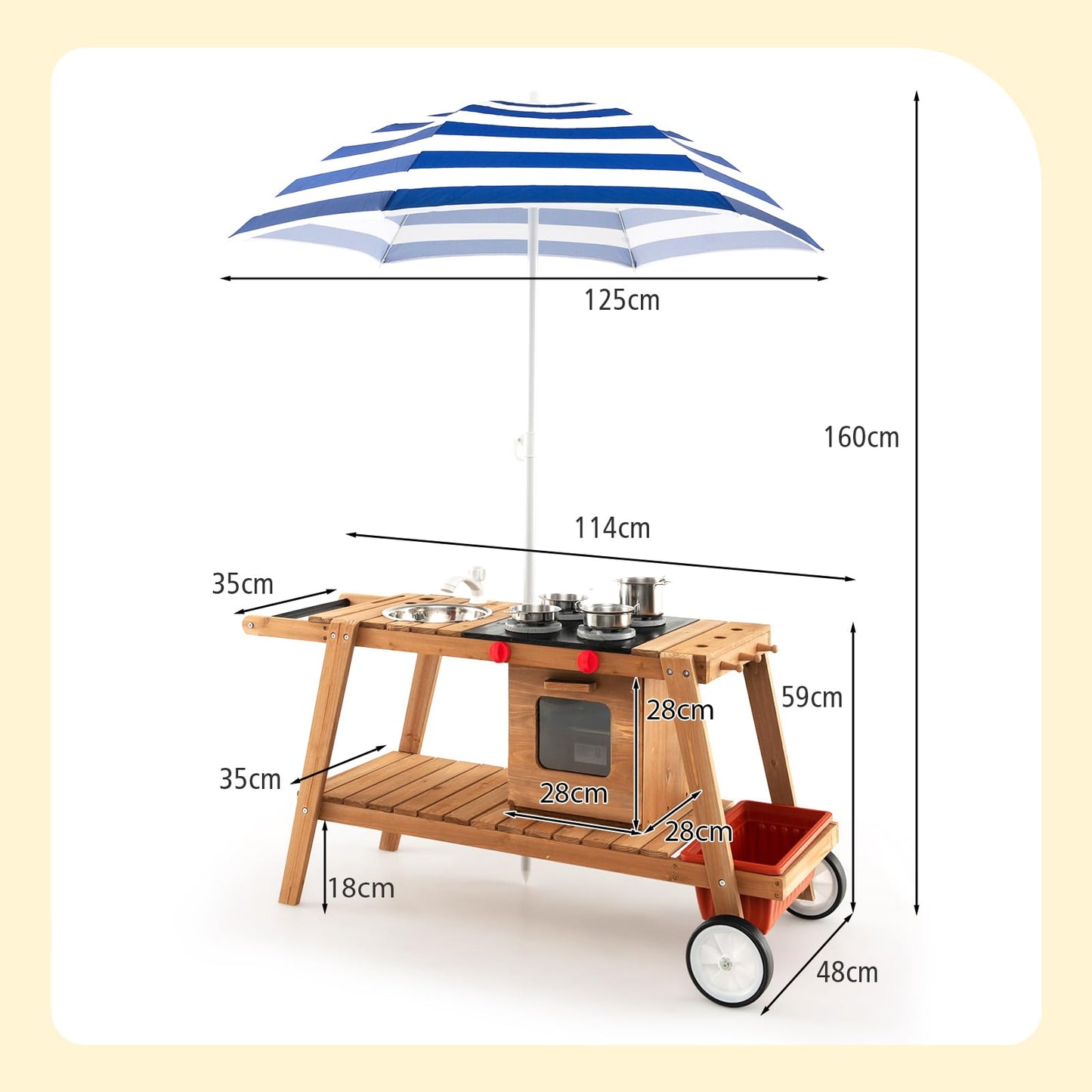 COSTWAY Wooden Mud Kitchen, Outdoor Kitchen Playset with Umbrella, Sink, Storage Cabinet and Accessories, Wheeled Role Pretend Cooking Cart for Kids Toddlers (Natural+White)
