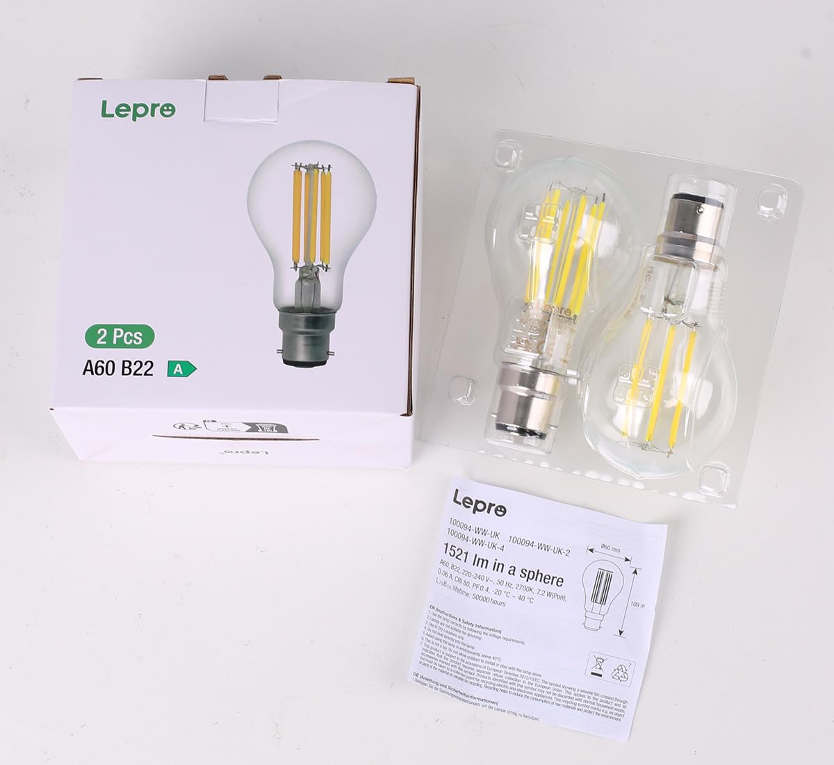 Lepro 1520lm Bayonet Light Bulb A-Rated, 7.2W = 100W, Warm White, Pack of 4