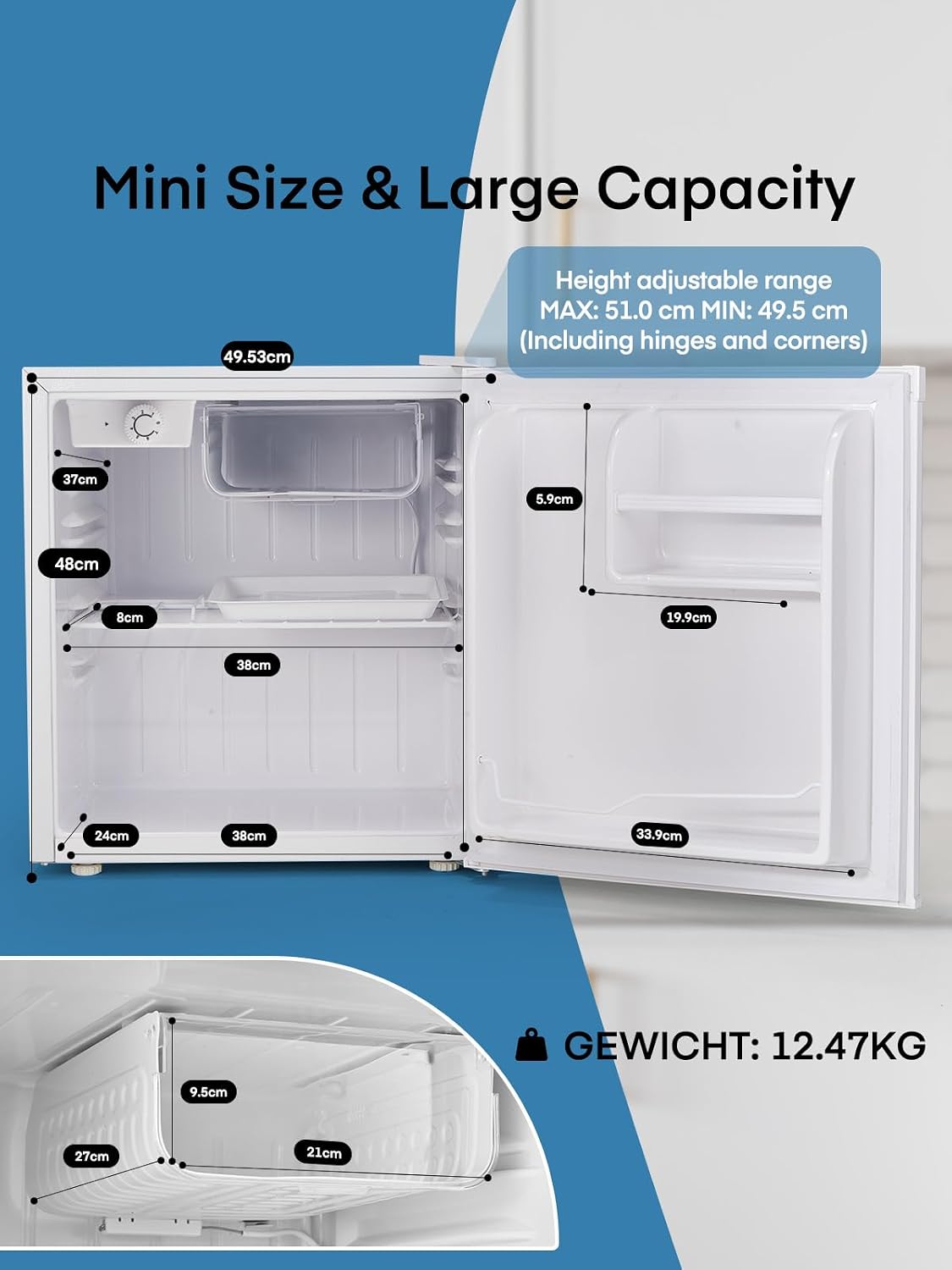 FOHERE Mini Fridge 46L, Small Table Top Fridge, Low Noise, Adjustable Temperature Control & Legs, Reversible Door, Compact Wine&Beers Cooling, Black