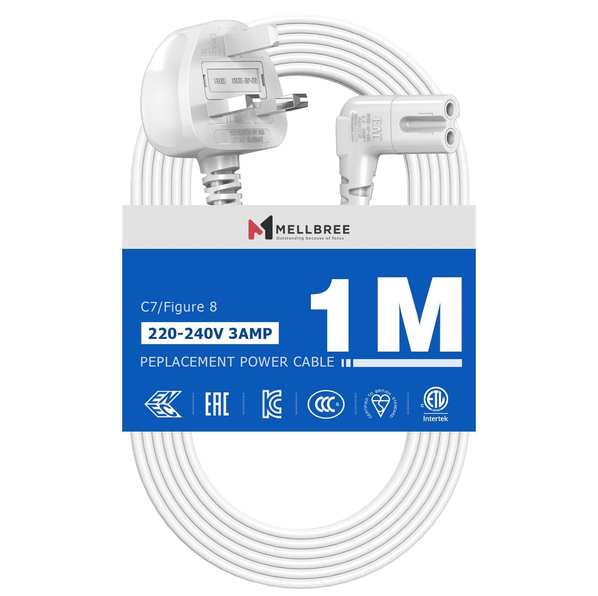 2M Power Cable Compatible with Samsumg TV, Mellbree Quality Safe Right Angle Suitable for Awkward Space Figure 8 Power Cable Compatible with Samsung, LG, Panasonic TV Black