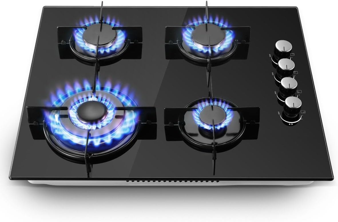 SNDOAS Gas Hob 4 Burners, NG/LPG Convertible, Built-in Black Glass Gas Hob with Wok Burner, Flame Failure Protection, 8000W, YYUKGCT-B04