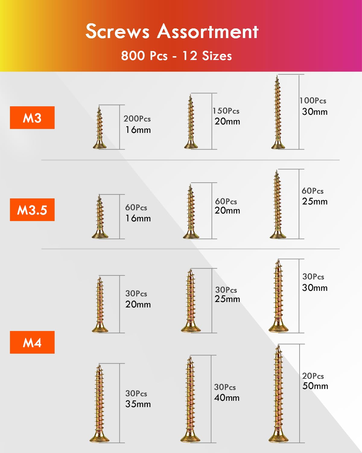 Wood Screws 800PCS Assortment, Countersunk Self Tapping Screws