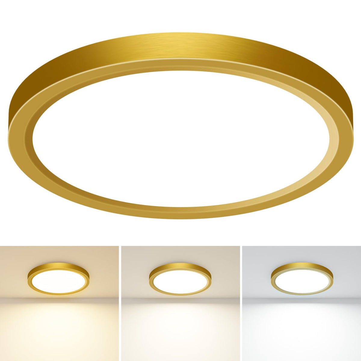 slochi Bathroom Light, 3000K/4000K/6500K 3 Color Temperature, Waterproof, Round, Modern, Flush Ceiling Light for Bathroom, Kitchen, Bedroom, Hallway and MoreØ18CM(Gold)