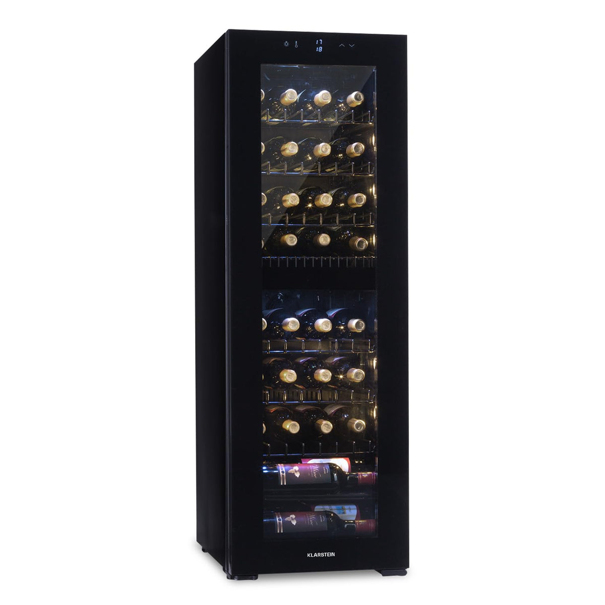 KLARSTEIN Shiraz Wine Cooler Black – 8 Bottles, 1 Zone | Freestanding Wine Fridge with Glass Door, Quiet, 5–18 °C, LED, Stainless Steel Frame