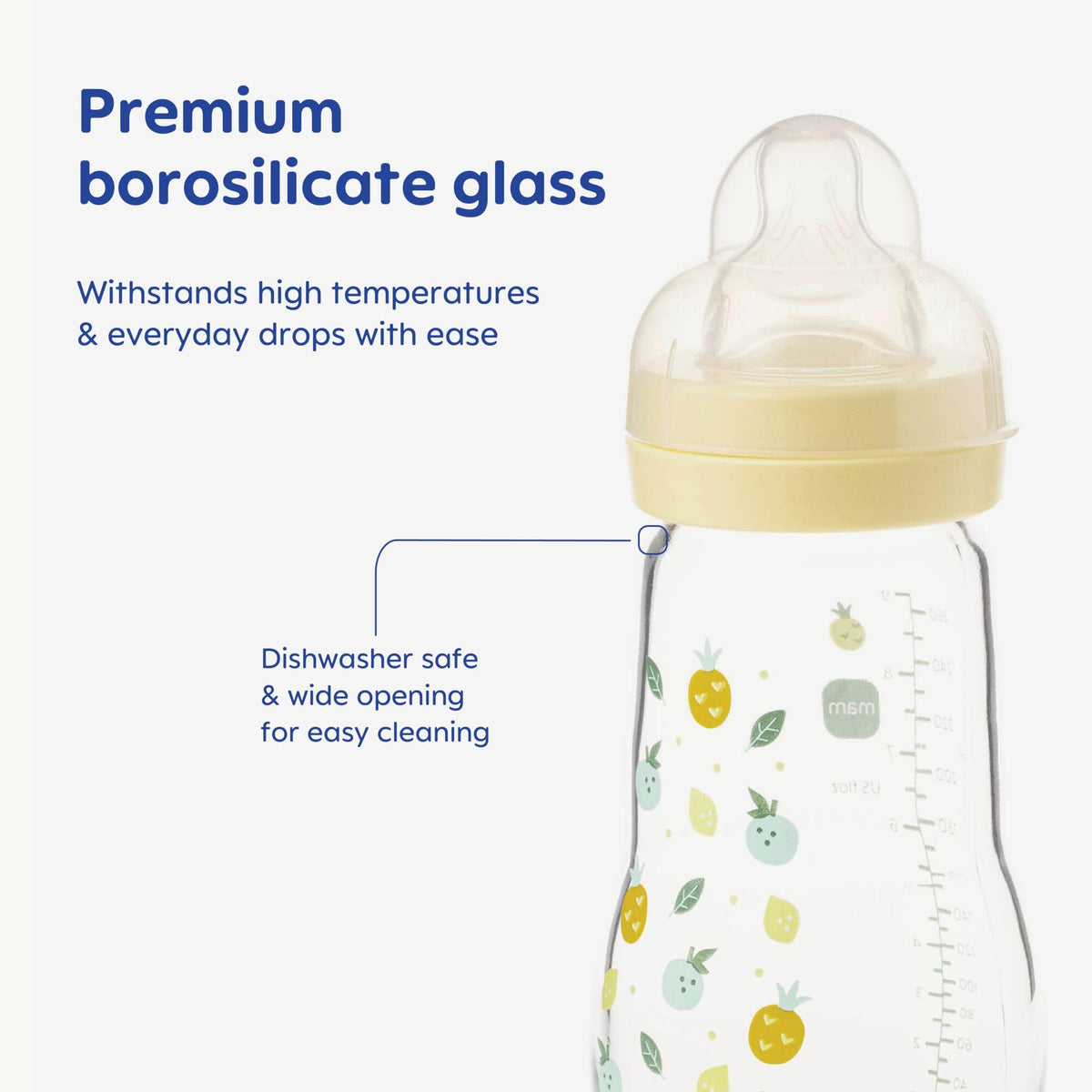MAM Glass Bottle, 2X 260ml, with SkinSoft Silicone Teat, Yellow