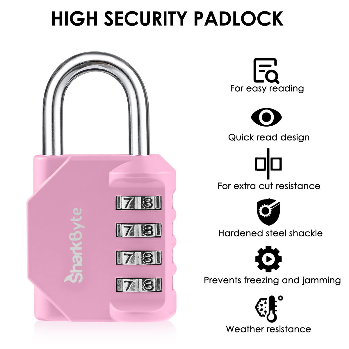 SharkByte Heavy Duty Combination Padlock – 4-Digit Weatherproof Outdoor Lock with Stainless Steel Shackle, Anti-Rust Resettable Code for Gym, School, Locker, Shed, Toolbox, Gate & Warehouse - Red