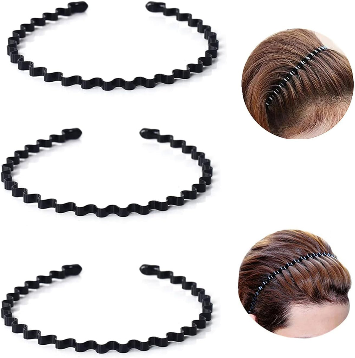 3PCS Metal Hair Bands for Men Non-Slip Black