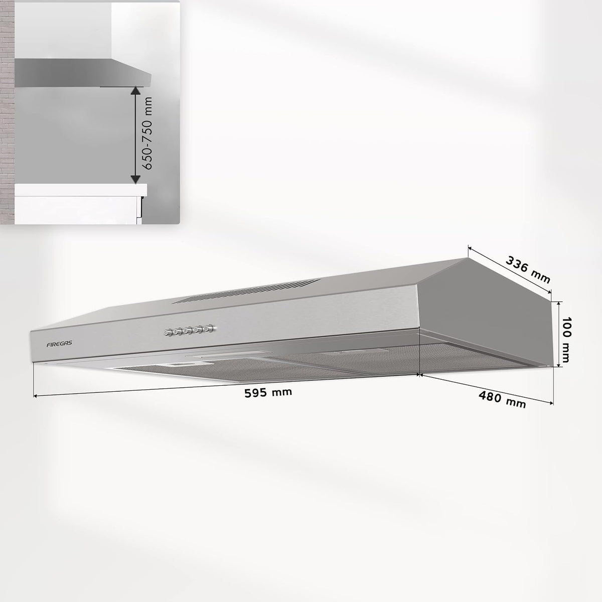 FIREGAS 60cm Visor Cooker Hood, Black Under Cabinet Range Hood, Top Vented