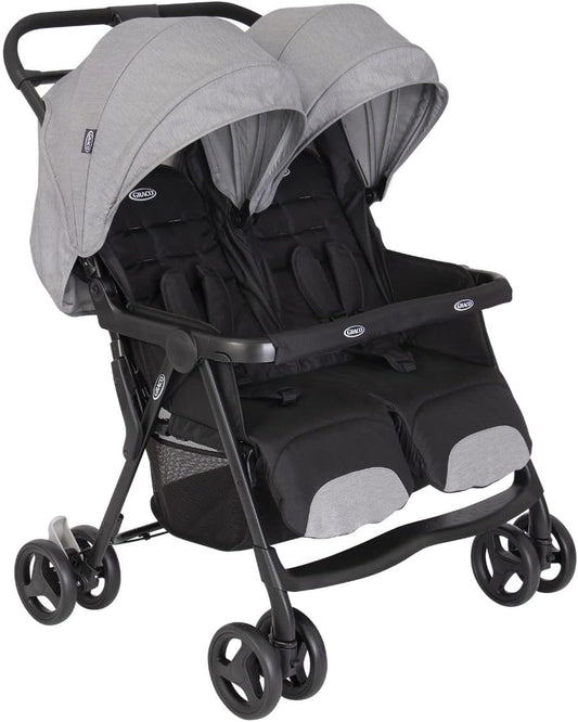 Graco DuoRider Lightweight Double Pushchair — Side-by-Side, 4-Wheel Suspension, One-Hand Fold | Birth to 3 Years | Steeple Grey