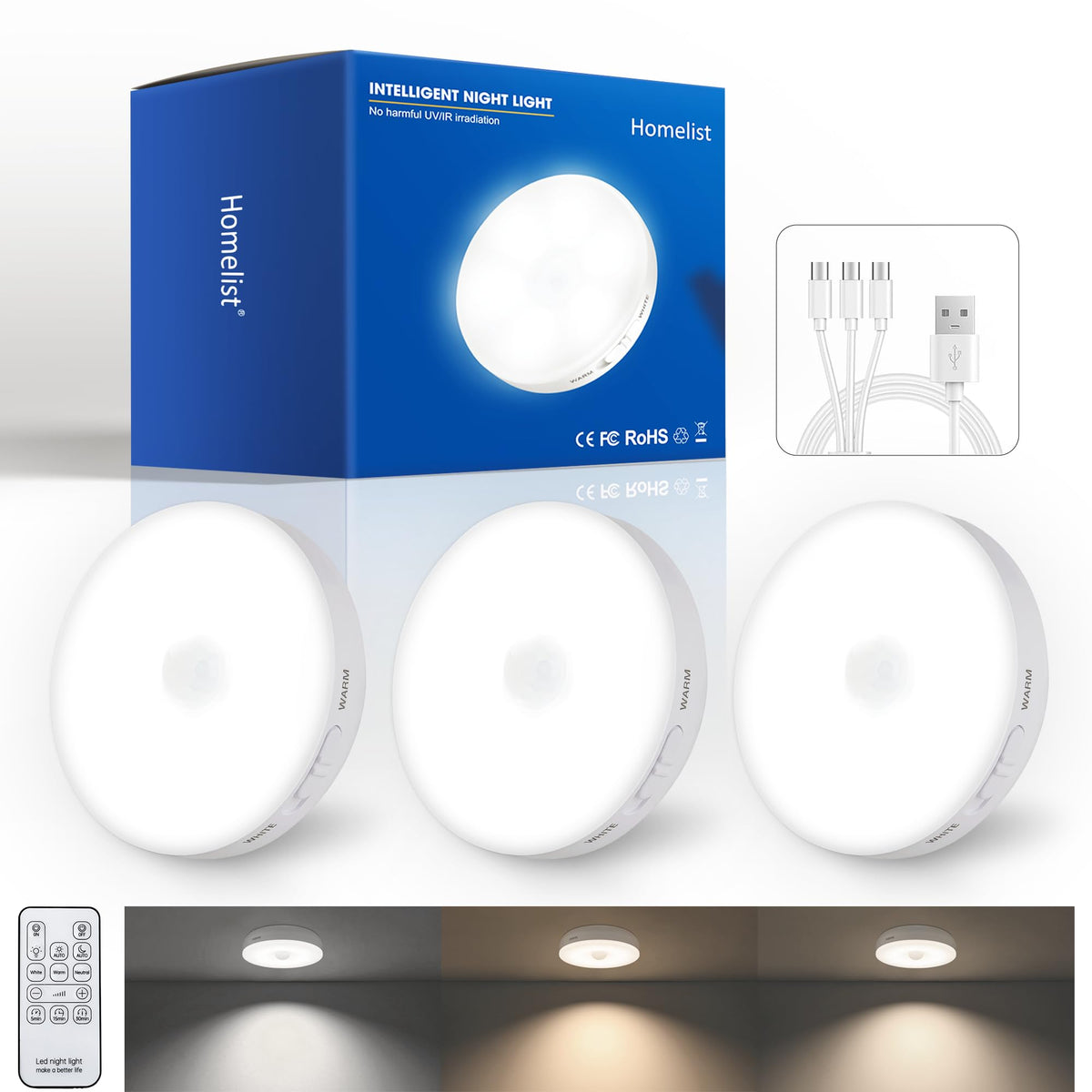 Homelist Motion Sensor Lights Indoor, Rechargeable Night Light, 6 Pack
