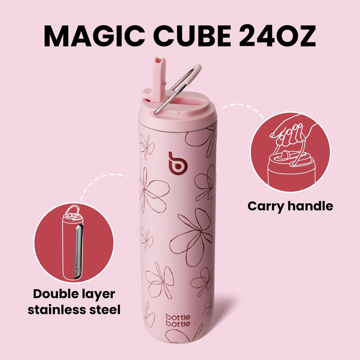 Bottle Bottle Stainless Steel Water Bottle 700ml with Straw and Lid Sports Insulated Metal Water Bottles with Handle(Black)