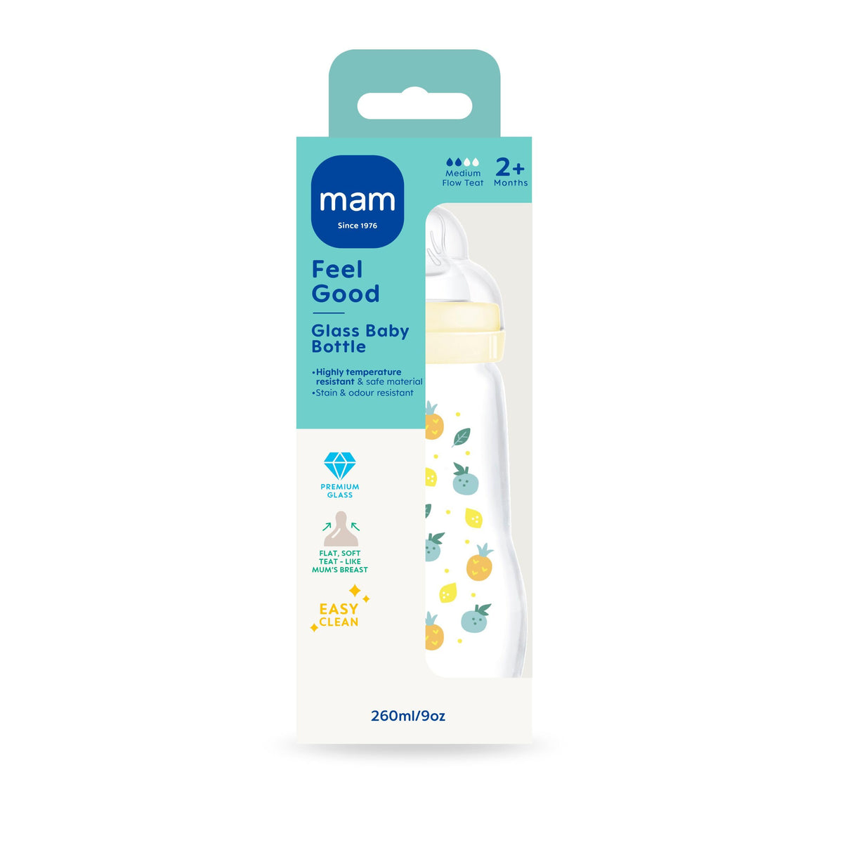 MAM Glass Bottle, 2X 260ml, with SkinSoft Silicone Teat, Yellow
