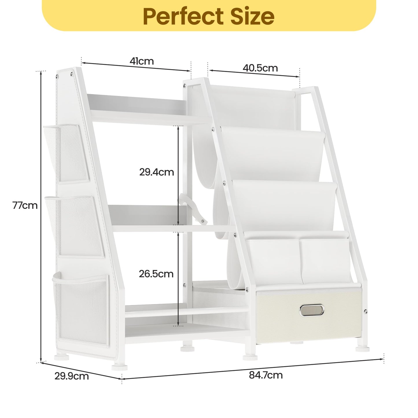 GoTiling Kids Bookshelf and Toy Storage Organizer: 3-Tier Sling Book Shelf with 3 Side Pockets for Kids Room - Toy Storage Organizer with 2 Fabric Drawers for Nursery, Bedroom, Playroom