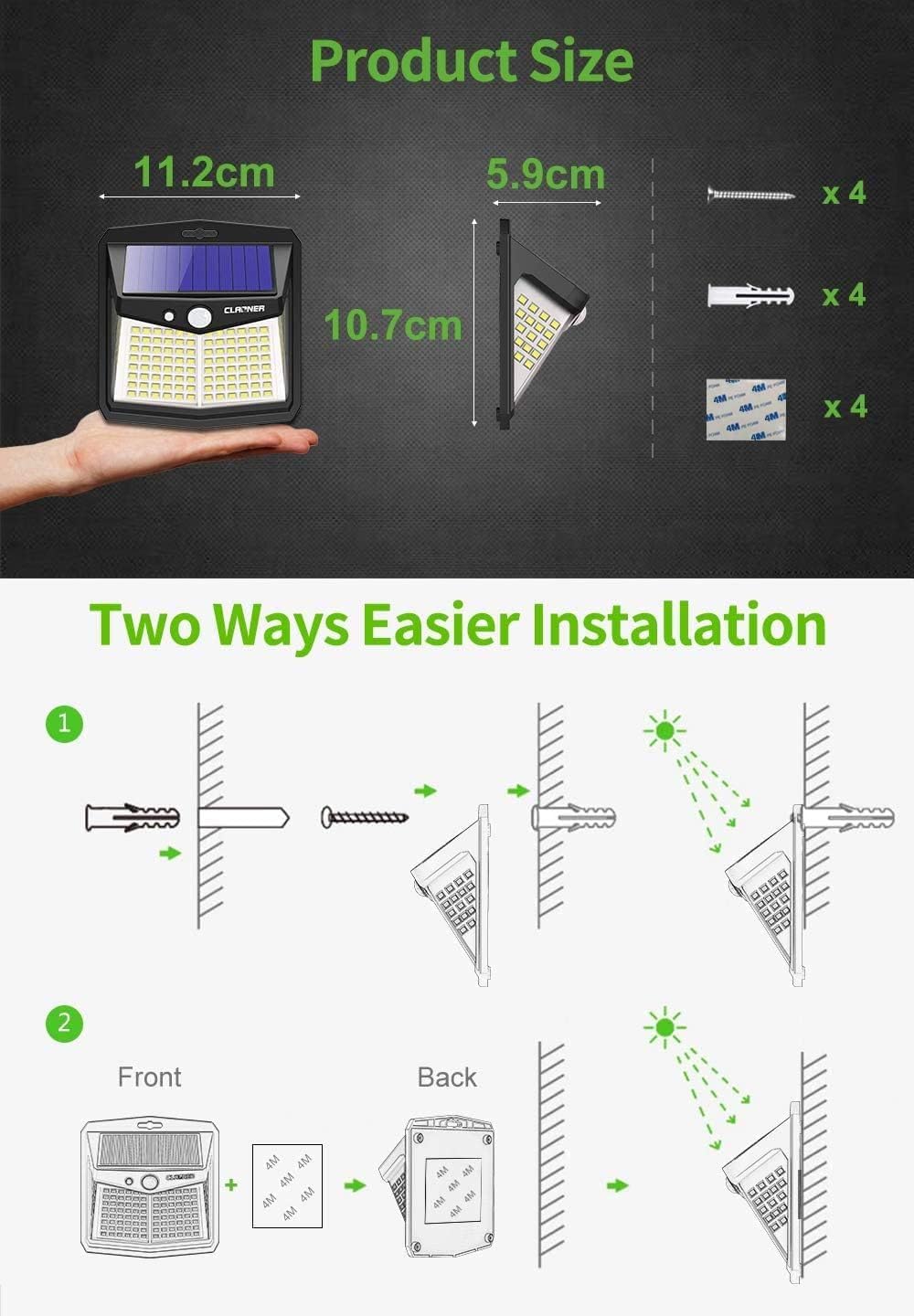 CLAONER Solar Powered Lights Outdoor, Upgraded Wireless 270° IP65 Solar Motion Sensor Security/Wall Light for Front Door, Yard, Garage, Garden, Warm White (4 Pack)