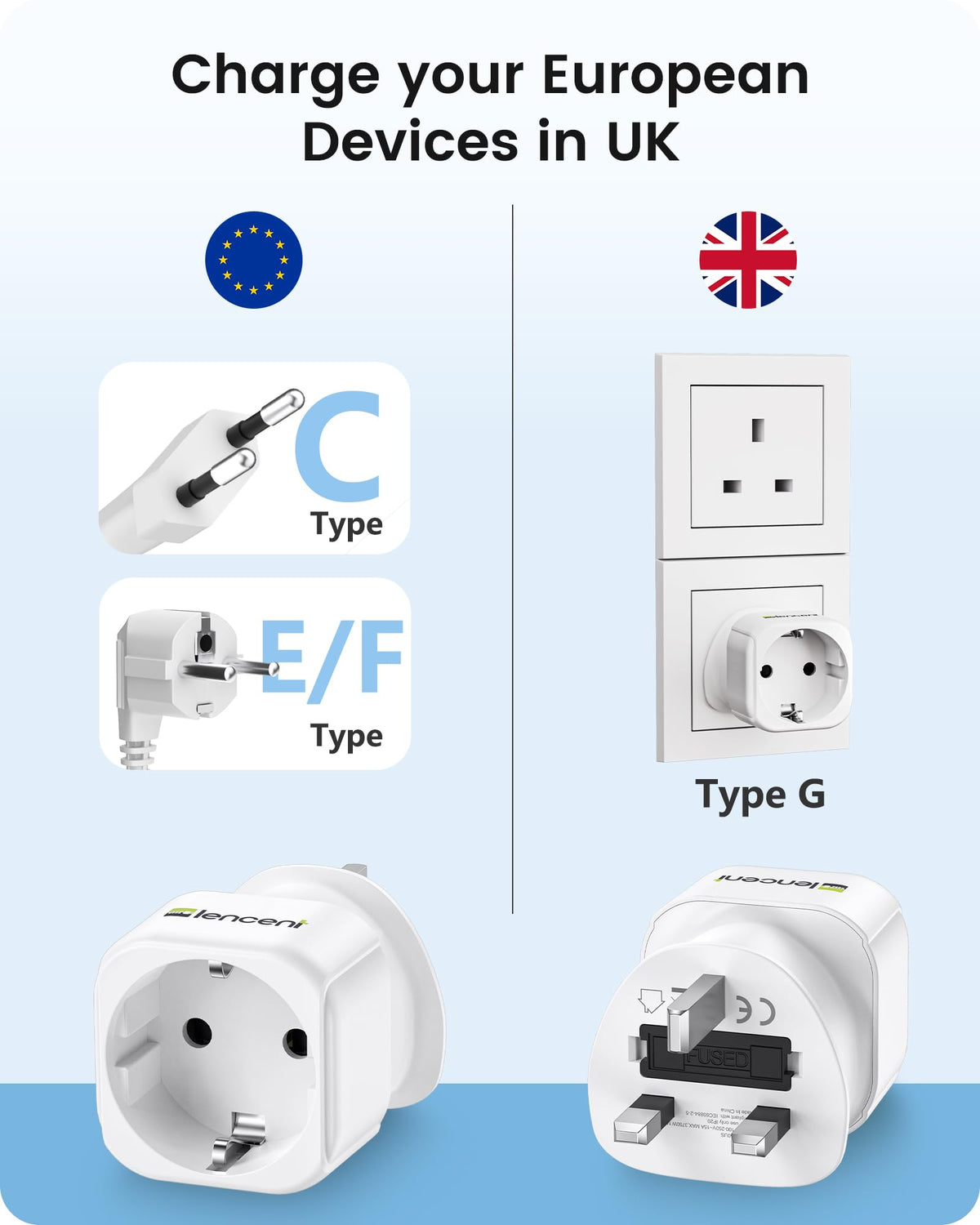 LENCENT 2 Pack EU to UK Plug Adapter,Black