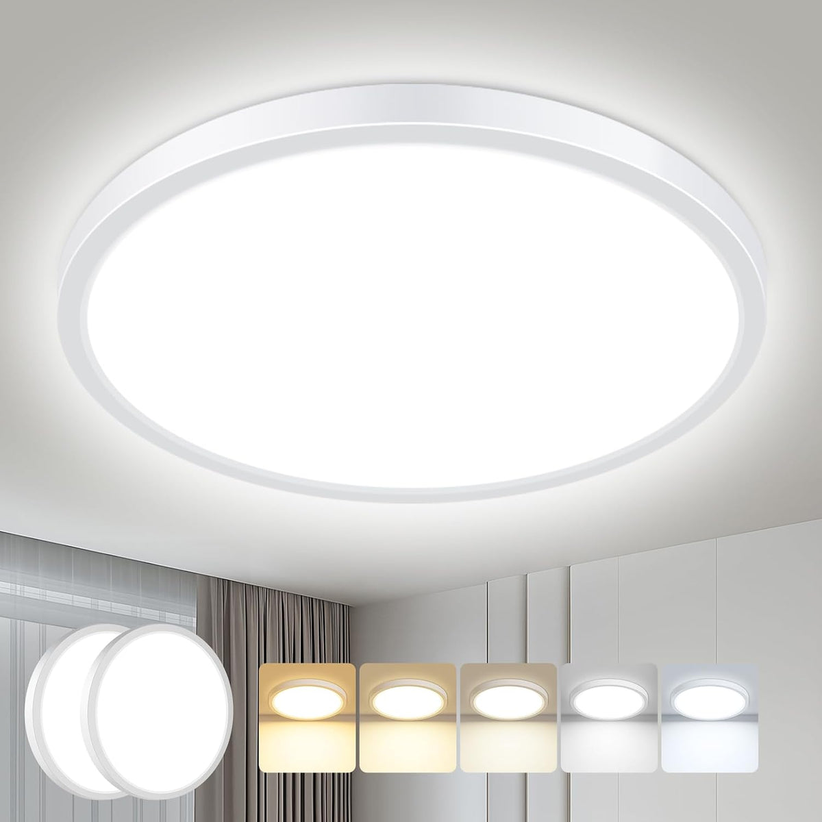 hepside 2 Pack Bathroom Ceiling Light 30cm, 3000K/3500K/4000K/5000K/6500K 5CCT LED Ceiling Lights, 24W, Modern, Waterproof, Round Flush Mount for Bathroom, Kitchen, Bedroom, Hallway