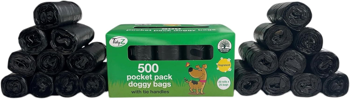 500 TidyZ Dog Poo Bags. Minimum 30% Recycled Plastic. Strong, Large Pet Waste Bags. Tie Handles, Individual Pocket Packs. Scented. Leakproof. 20 Rolls of 25 Bags