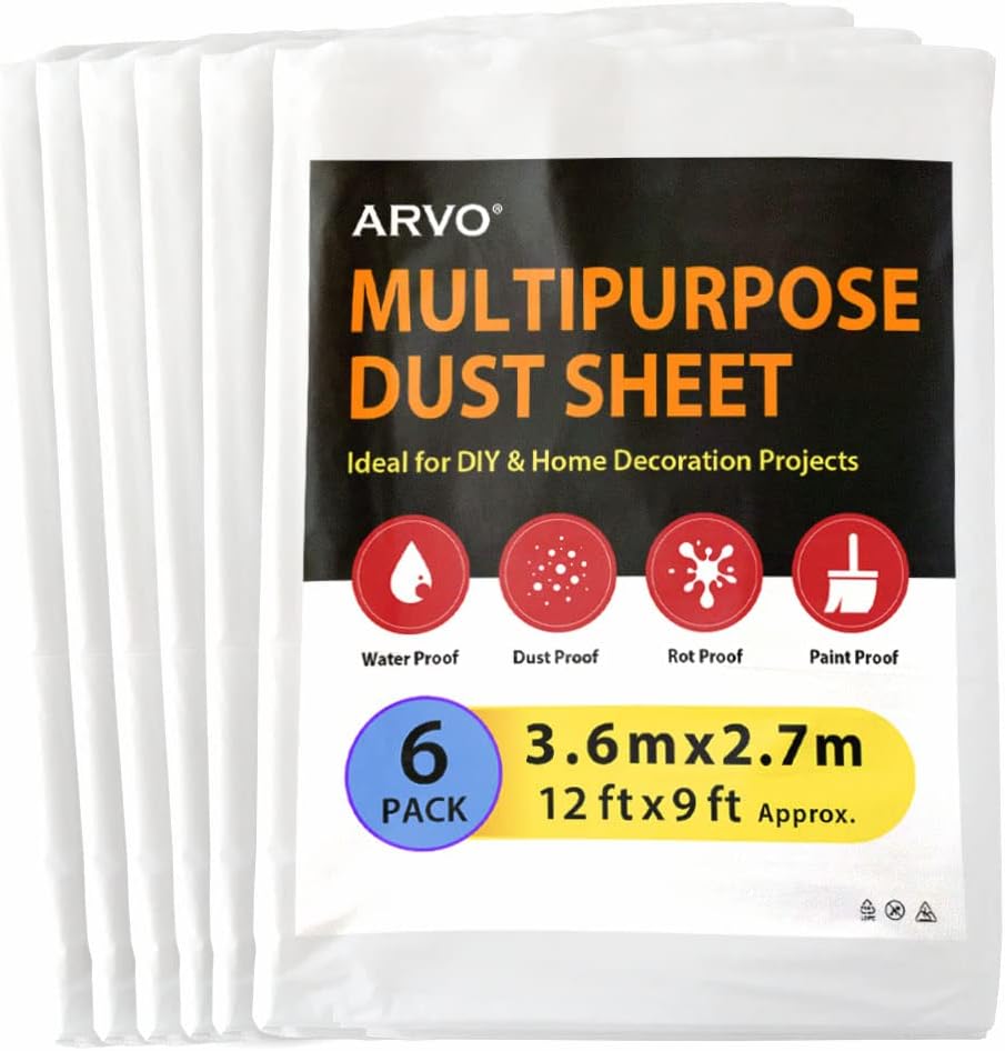 ARVO 6 Pack Extra Large Plastic Dust Sheets for Decorating - 3.6m x 2.75m (12ft x 9ft), Waterproof Polythene for Painting, Furniture, Floor Protection, Packaging May Vary