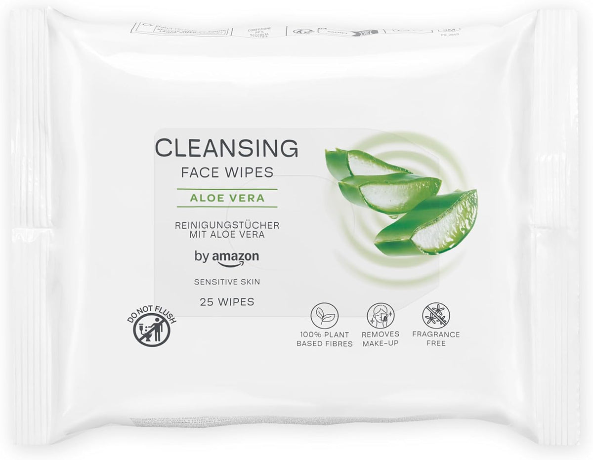 by Amazon Aloe Vera Face Cleansing Wipes, Make-Up Remover for Sensitive Skin, Fragrance Free, 25 Wipes
