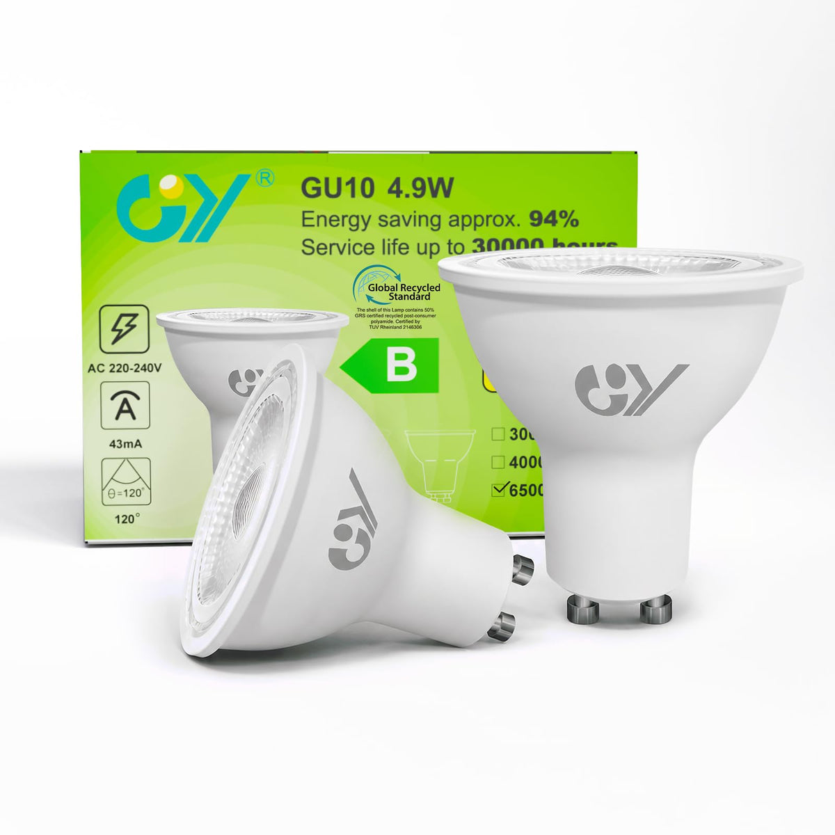 GY GU10 LED Bulb 4.9W 790lm Cool White 6500K Energy Saving LED Bulb, The New UK Energy Efficiency Class B Replaces 80W, 110°Beam Angle Non-Dimmable, 10 Pack