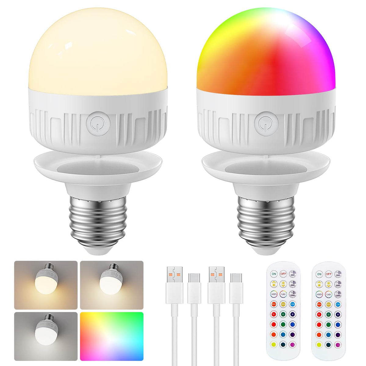 LGMCF E14 Rechargeable Light Bulb, 8W, 3 Colors, Timer, Dimmable, 2 Pack