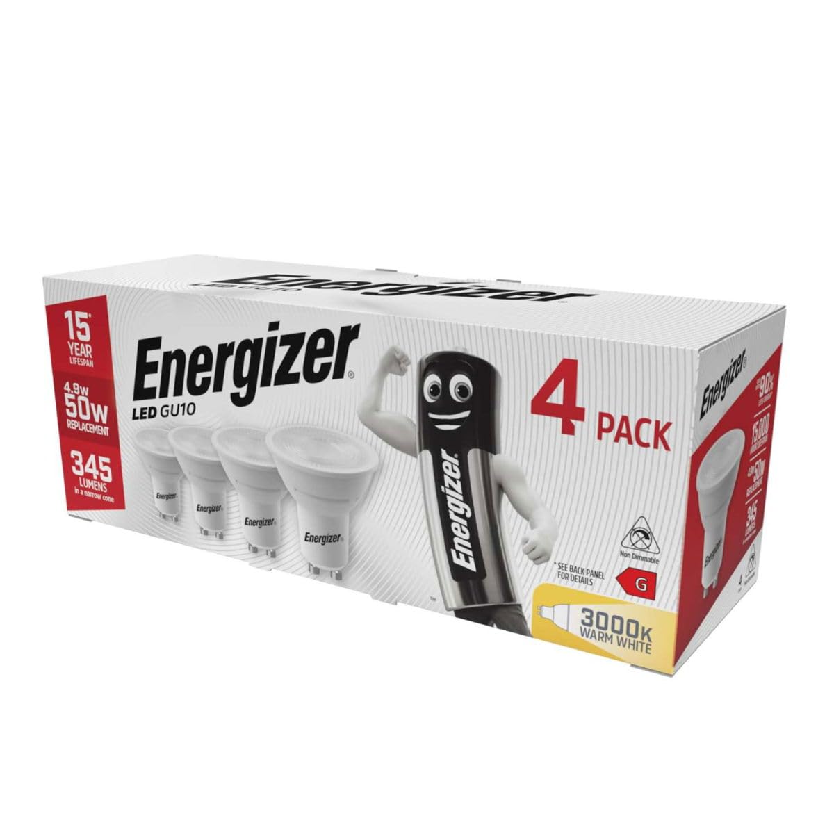 Energizer GU10 4.9W 50W Replacement LED Bulb 4 Pack (Daylight Non Dimmable)