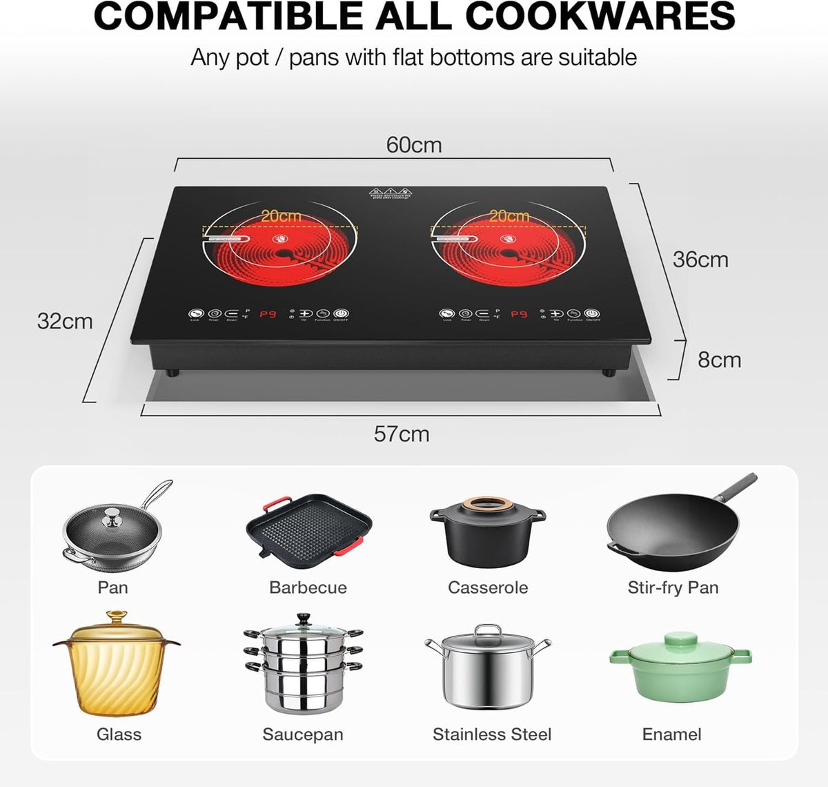 VBGK Portable Ceramic Hob, 2000W Portable Electric Hob, Electric Ceramic Hob, Single Cooking Zone with LED Display, 4-Hours Timer, Safety Lock, Residual Heat Indicator