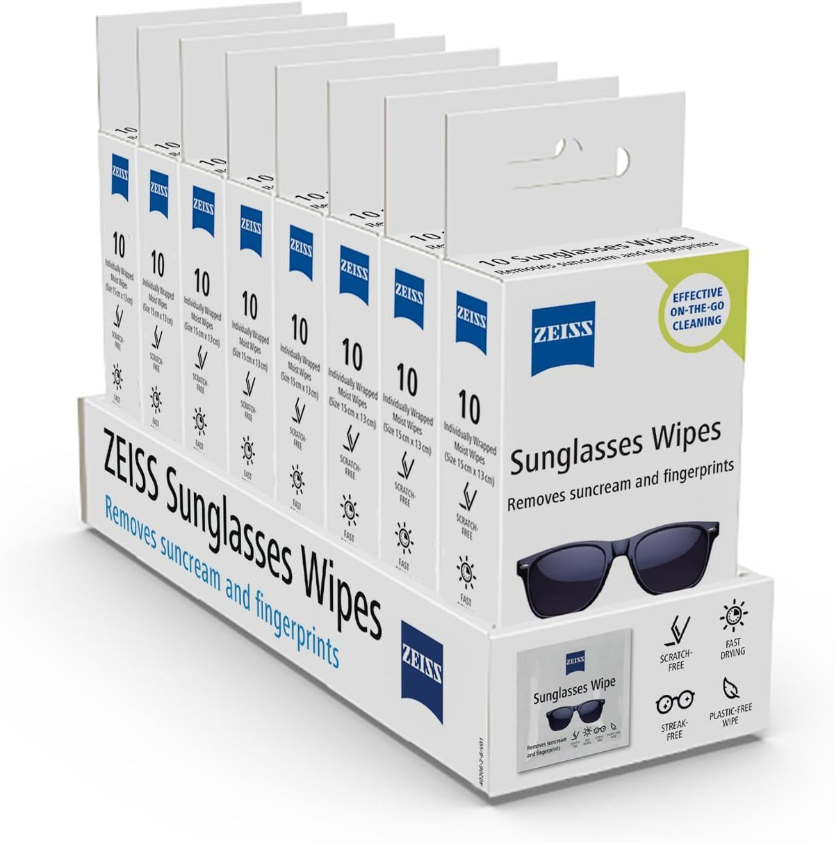 ZEISS Sunglasses Wipes, Removes Fingerprints, Suncream, Dirt, Dust & Oil. Individually Packed Pre-Moistened Wipes Perfect to use at Home or On-The-Go. Fast-Drying and Portable. 8 Packs x 10 Wipes