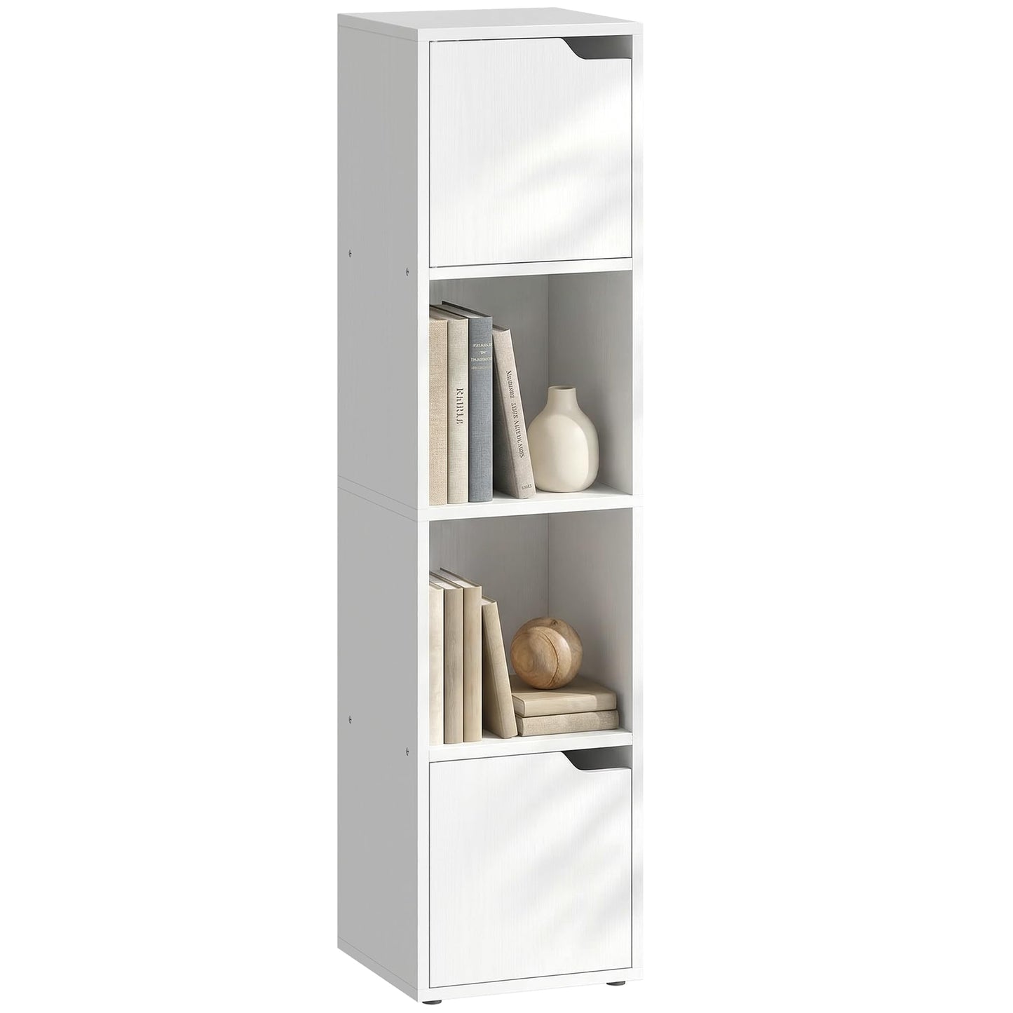 HOMCOM Bookcase with 2 Cabinets and Doors, 4-Tier Bookshelf, Storage Cabinet with Open Shelves and Anti-Tipping Design, for Living Room, Bedroom, Home Office, White