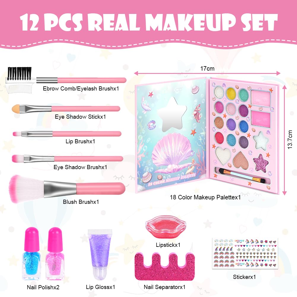 Aomig 18 Colors Kids Makeup Sets for Girls, Washable Children's Make Up Kit with Mirror, Non-Toxic Cosmetic Beauty Set Gift for Kids, Princess Pretend Play Games Toys Birthday