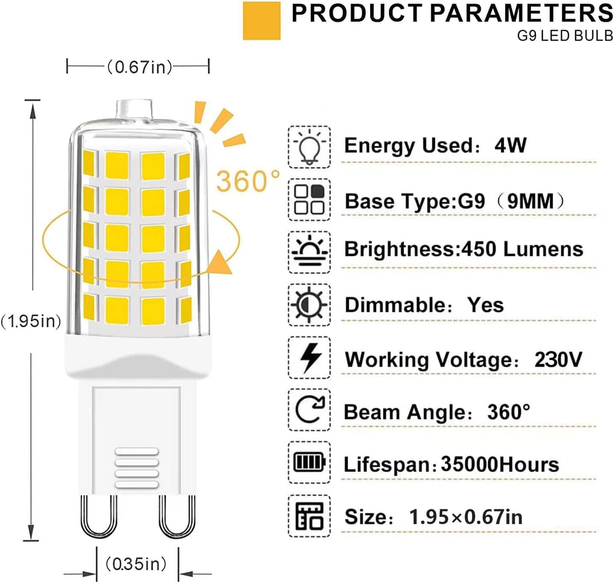 G9 LED Bulbs Dimmable Warm White 2700K, 230V 4W 450Lm T4 LED Bulb Equivalent to 40W Halogen Lamp, G9 Led Bulb No-Flickering Energy Saving for Chandelier, Ceiling Lights Home Lighting Decor 5Pcs