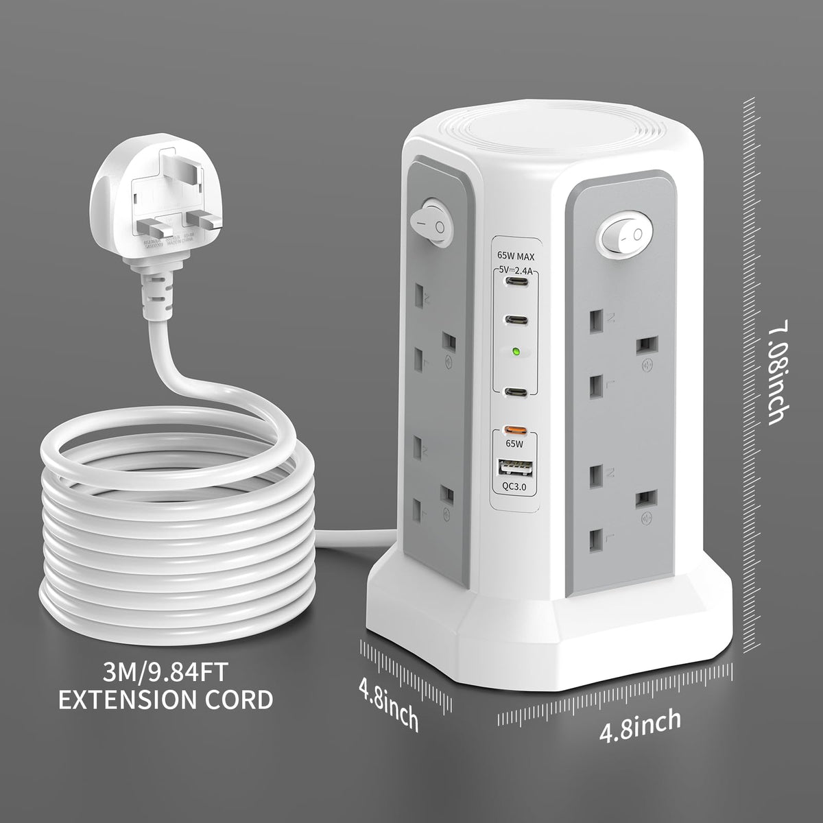 HAFINO Tower Extension Lead 3M with USB Slots and Night Light, 4 Switches