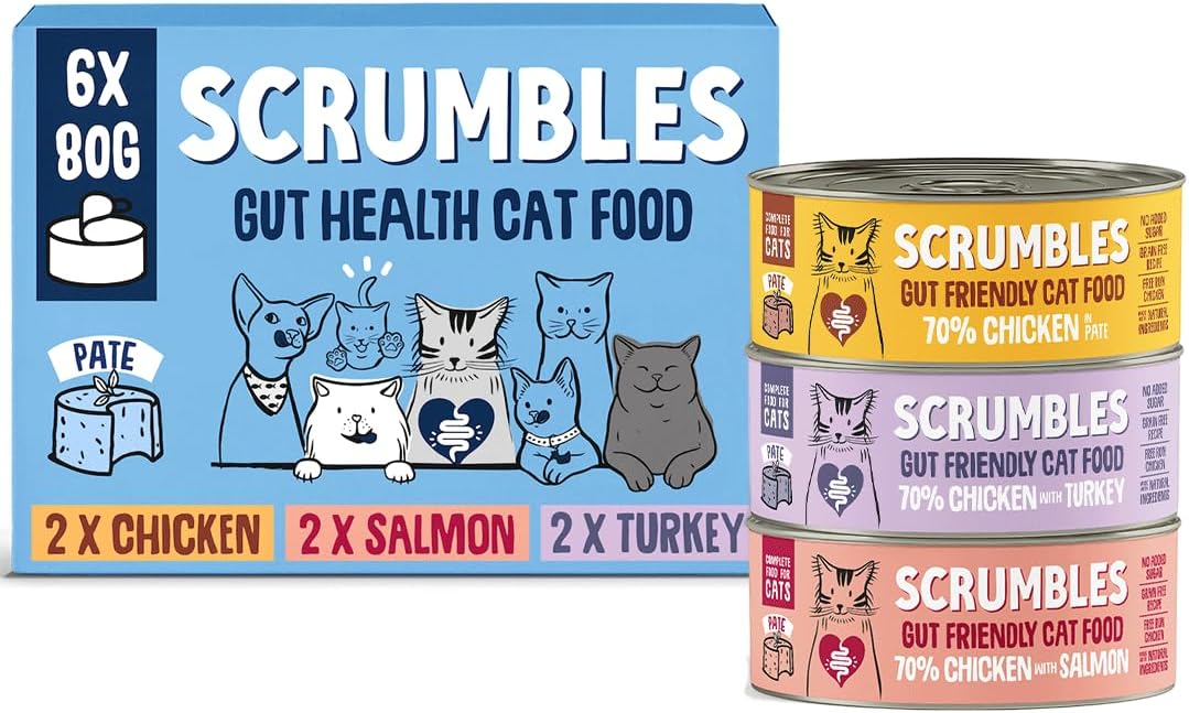 Scrumbles • Wet Cat • Pate • Hypoallergenic • All Lifestages • 2 x Chicken • 2 x Salmon • 2 x Turkey • 6 Tins (80g) • 70% Meat