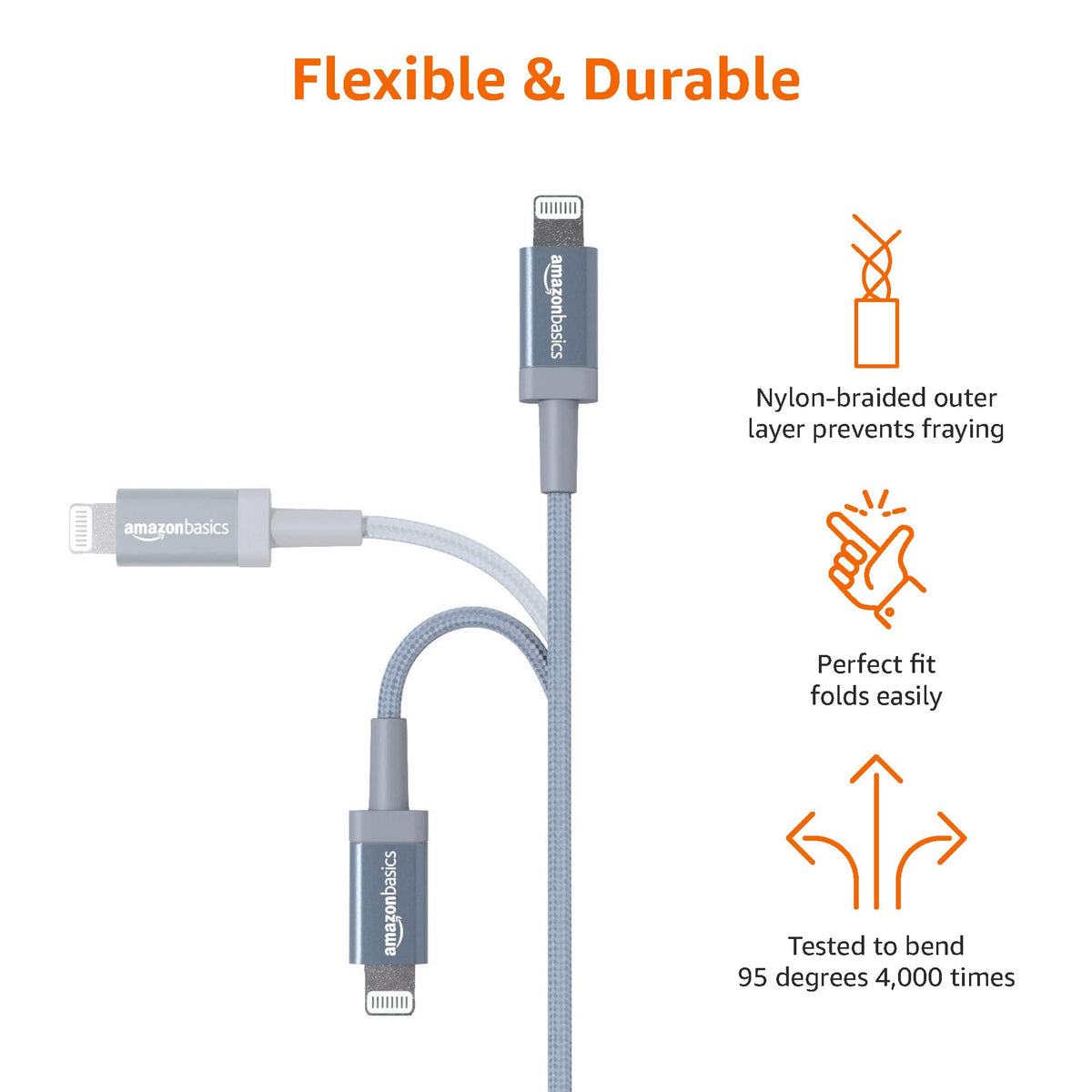 Amazon Basics USB-A to Lightning Charger Cable, Nylon Braided Cord, MFi Certified for Apple iPhone 14 13 12 11 X Xs Pro, Pro Max, Plus, iPad, 0.9 m, Silver