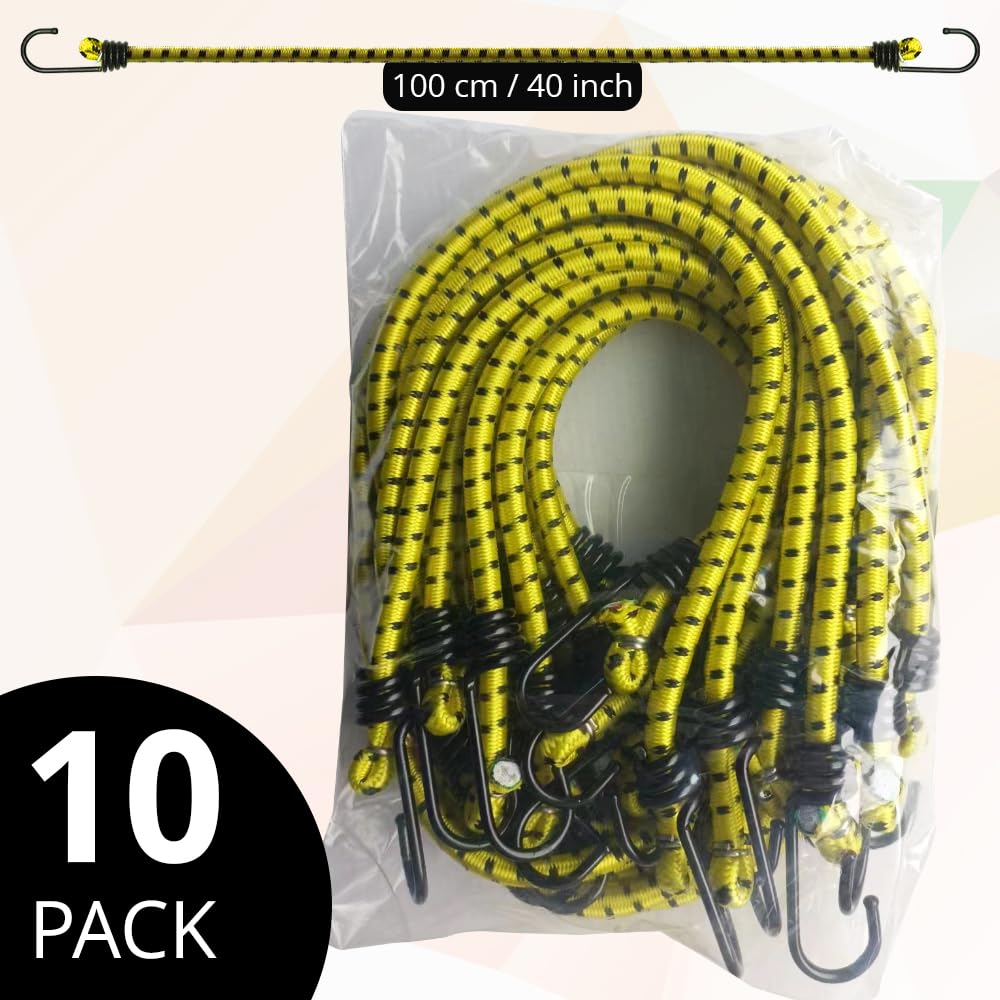 ANSIO Bungee Cords with Hooks 16” (40cm), Pack of 10 Bungee Straps - Red