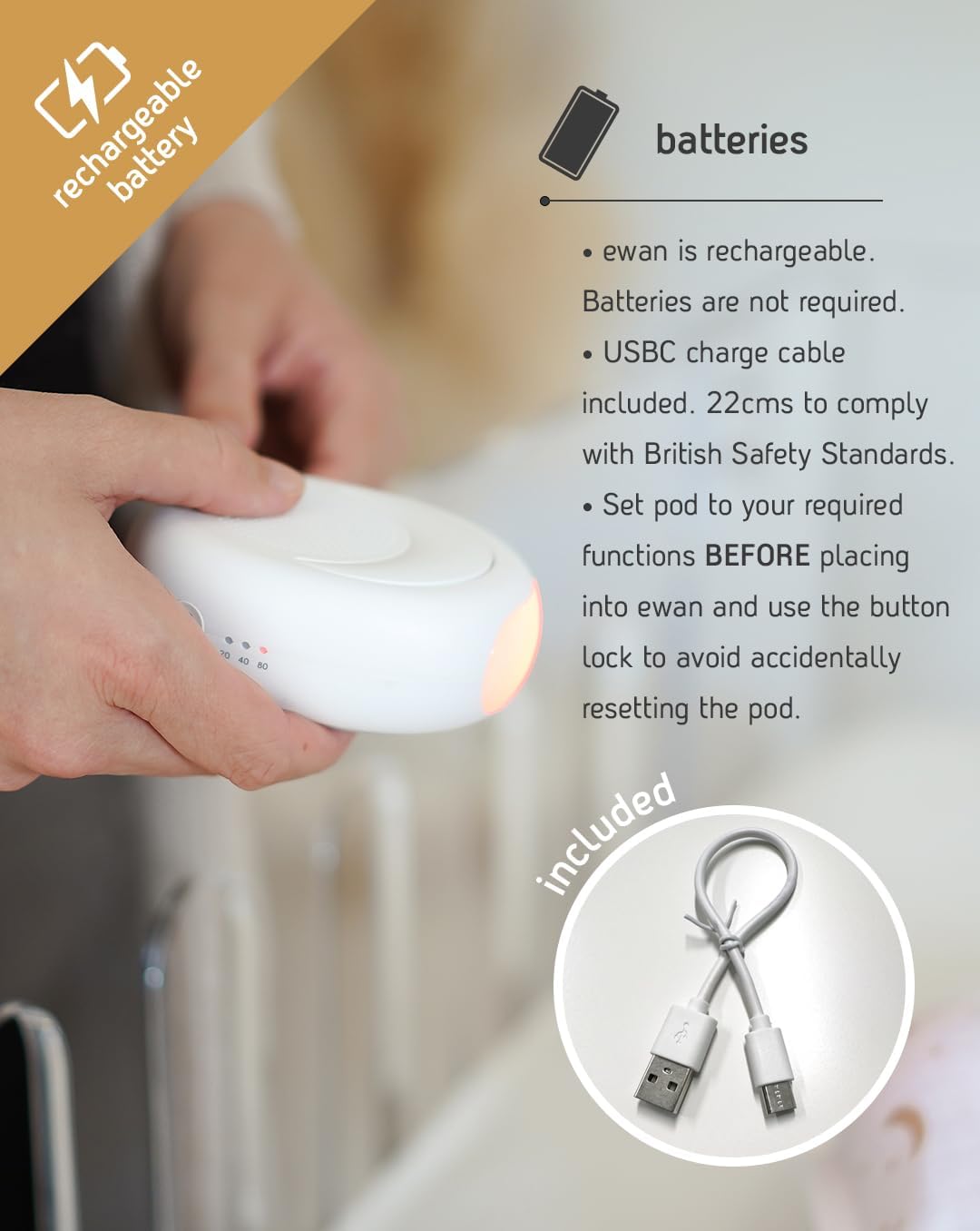 Sweet Dreamers, Rechargeable Ewan Deluxe, Grey | Baby & Infant Sleep Aid Gift | Cry Sensor & Nightlight | 10 Soothing White & Pink Noise Sounds | Continuous or Timer Playback | Machine Washable