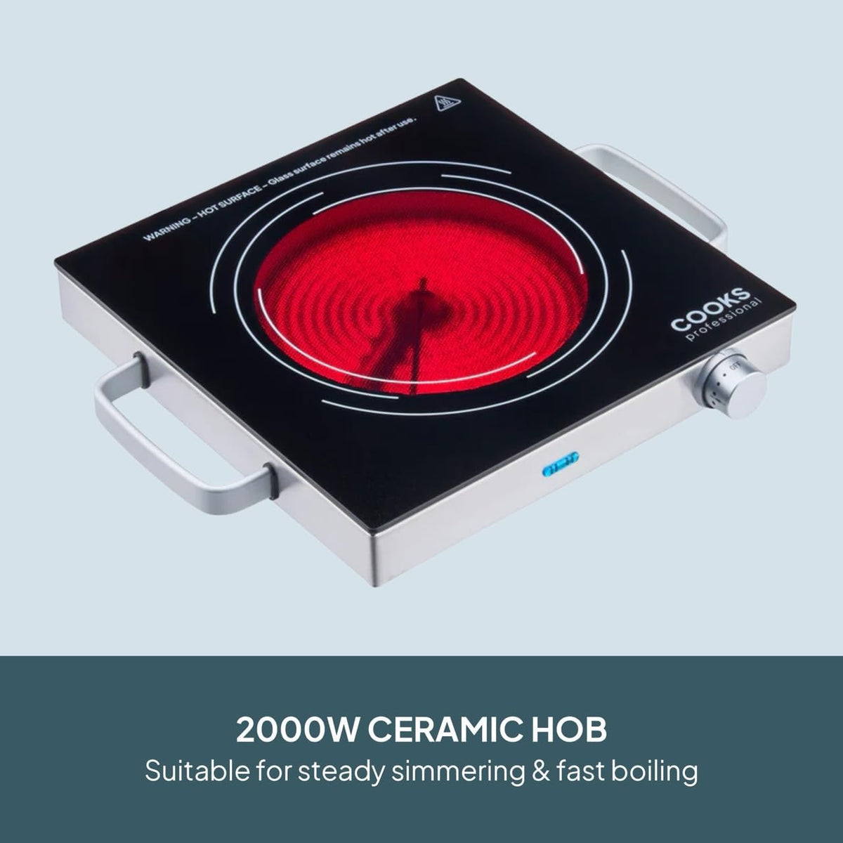 Cooks Professional Single Electric Ceramic Hob 2000W | Plug In Portable Hot Plate Powerful Countertop Stove with Non-Slip Feet, Side Handles & Knob Control | 17.5cm Diameter