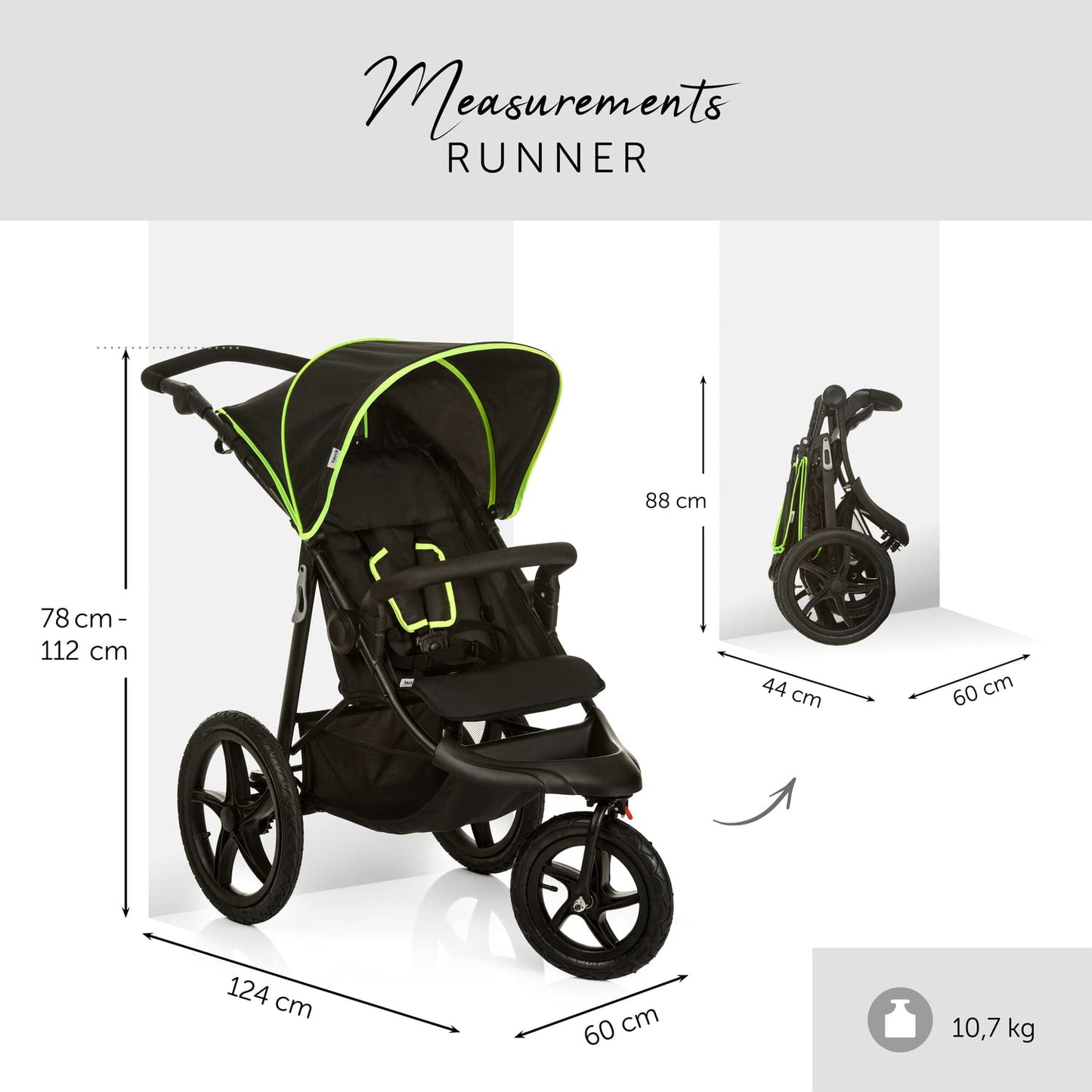 hauck Runner 3, Olive Heavy Duty All-Terrain Stroller with Handbrake, XL Sunshade, Cup Holder, Rain Cover, XL Air Wheels, Reclining Backrest from Birth to 22kg, Handle