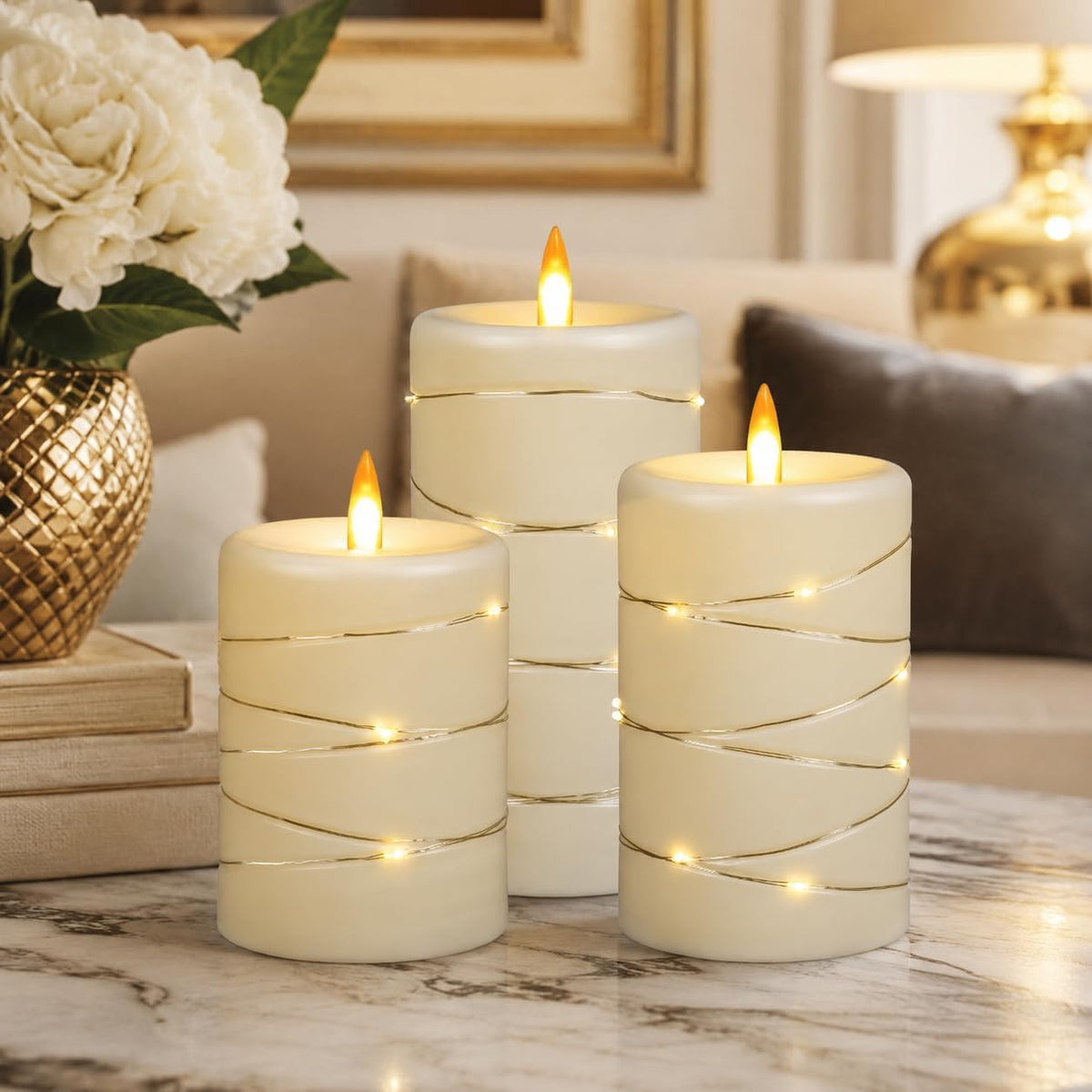 Da by 3 Pack Ivory Flameless LED Candles with Fairy Lights, Realistic Moving Flame Paraffin Wax Candles, Remote Control, Soft Warm Light, 8cm D x 12.5/14.5/16.5cm H, Indoor Wedding Home Decor
