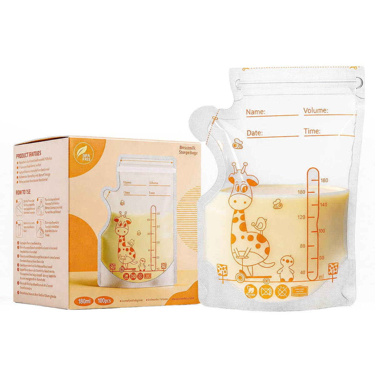 Oderra 250/180ml Breast Milk Storage Bags 50/ 100PCS- Pre-Sterilized Freezer-Safe Breastmilk Bags with Built-In Pour Spout, Double Zip Seal, Hospital Bag Maternity Essentials