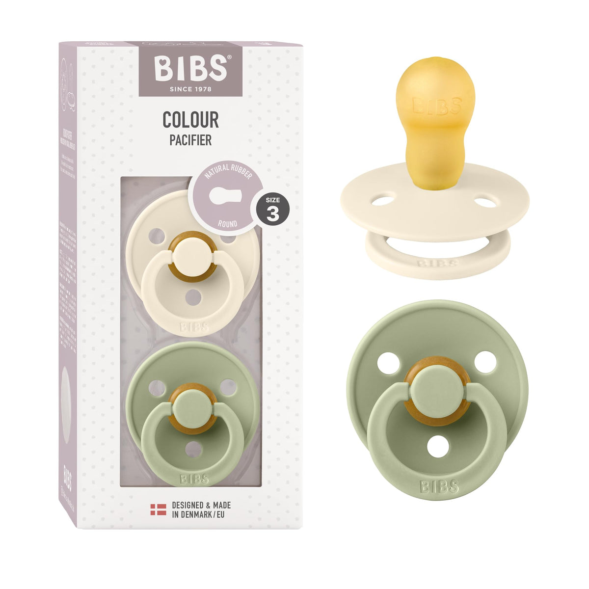 BIBS Colour Soother 2-Pack, BPA Free Dummy Pacifier, Round Nipple. Natural Rubber Latex, Made in Denmark, Size 2 (6-18 Months), Baby Blue