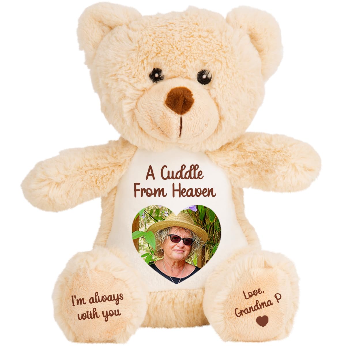 Personalised Memory Teddy Bear with Heart-Shaped Photo – “A Cuddle From Heaven” Keepsake Gift – 28 Bear Styles – Add Your Text & Choose Colour – Custom Memorial Bear (White Angel Teddy)