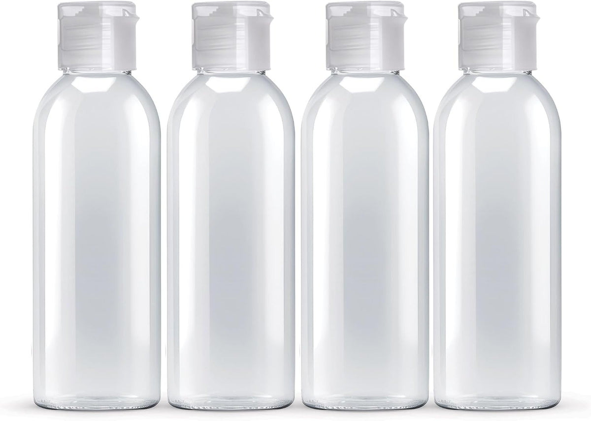 Palm Safe 4 pcs 100ml/3.5 OZ Clear Plastic Travel Bottles, Durable Strong Recyclable BPA Free Storage Bottles, Empty Refillable Containers with Flip Cap Leak Proof for Toiletries