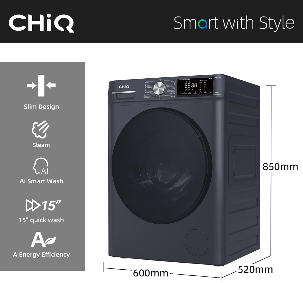 CHiQ 9kg Washing Machine with Class A for Large Families Grey