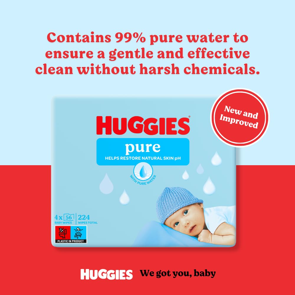 Huggies Pure Plastic Free Baby Wipes - Pack of 12 (576 Wipes) – 99% Water Wet Wipes, Fragrance Free, Hypoallergenic, Better Cleaning, Soft and Gentle on Babies' Delicate Skin