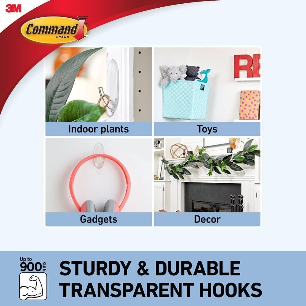 Command Small Hooks with Clear Strips, Pack of 2 Hooks + 4 Adhesive Strips, Transparent - Indoor Use - Suitable for Hanging Items up to 450 g - Damage Free Hanging