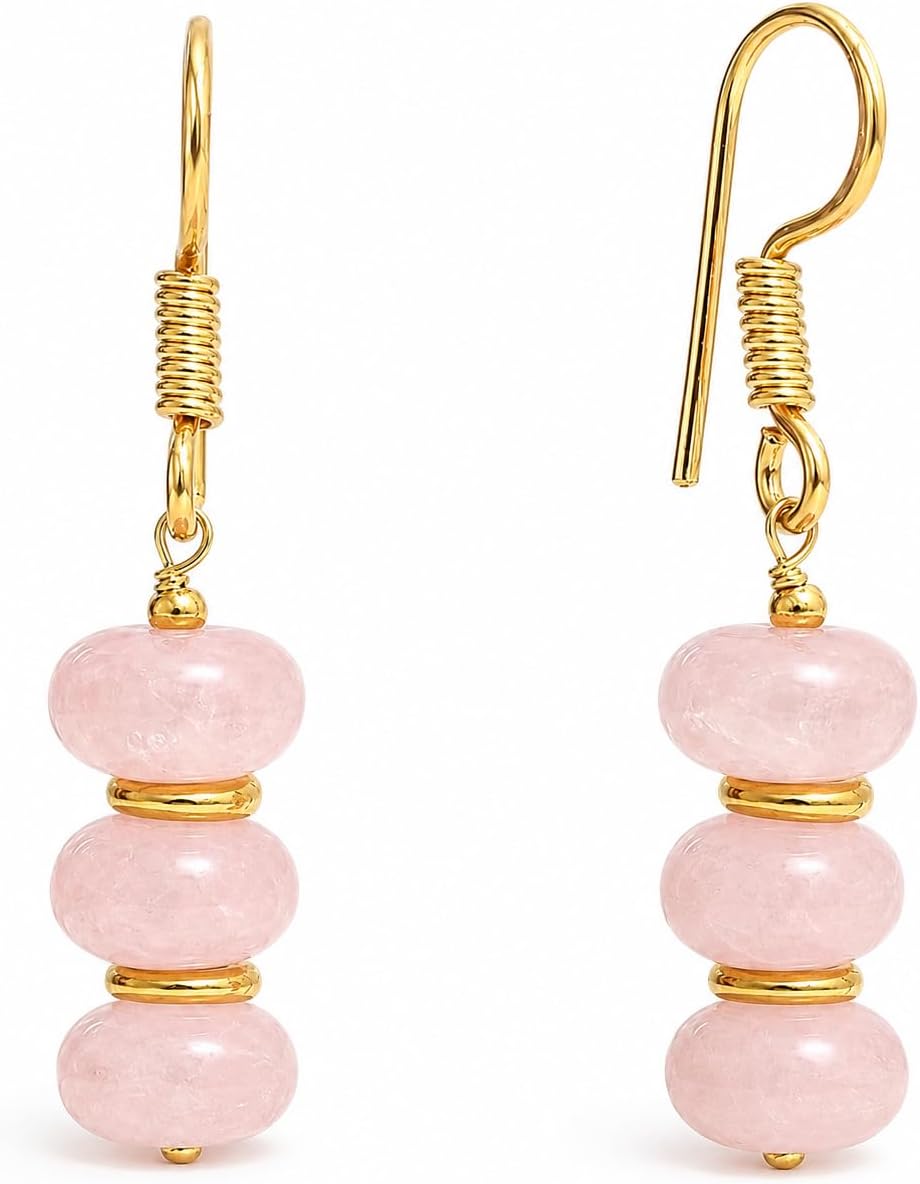 Gempires Natural Gemstone Rondelle Bead Earrings for Women | 8mm Beaded Drop Dangle Earrings | Gold Plated Hypoallergenic Hook Jewelry | Handmade Lightweight Crystal Earrings