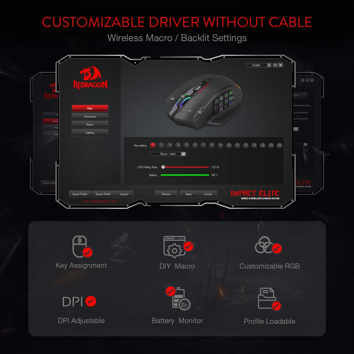 Redragon M908 Impact RGB LED MMO Gaming Mouse With 12 Side Buttons, Optical Wired Ergonomic Mouse with Max 12,400DPI, High Precision, 18 Programmable Macro Shortcuts, Comfort Grip